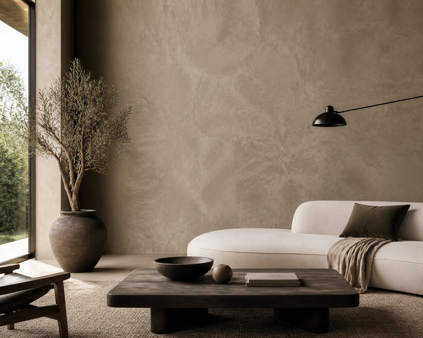 Close view of a softly textured mineral wall and architectural light